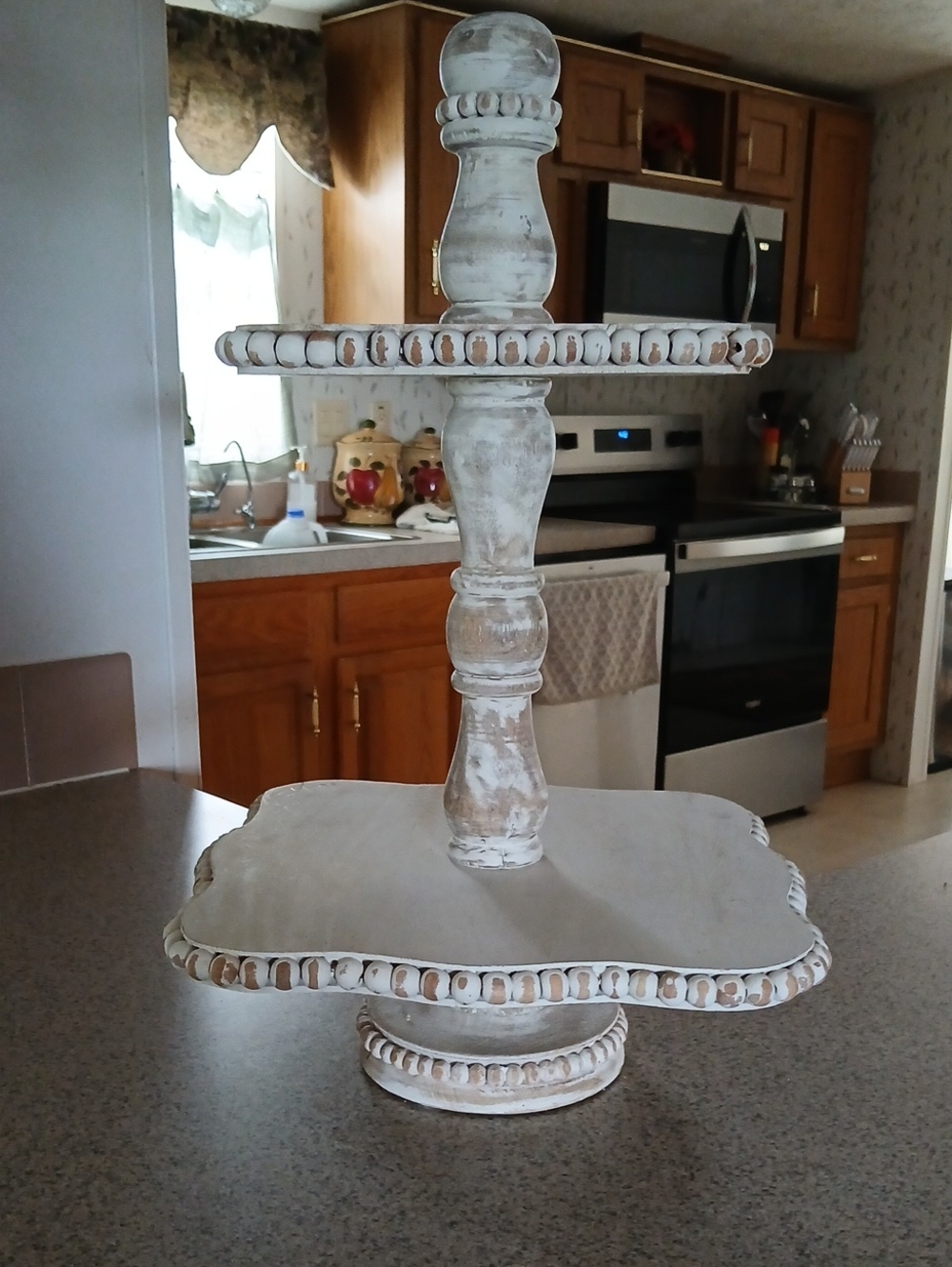 Distressed White Two-Tier Wooden 2 Tiered Stand